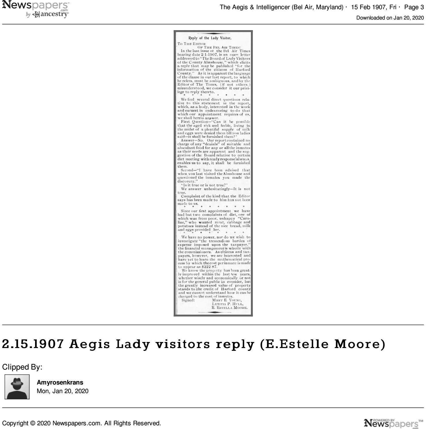 2.15.1907 Aegis Lady visitors reply (E.Estelle Moore) - Newspapers.com