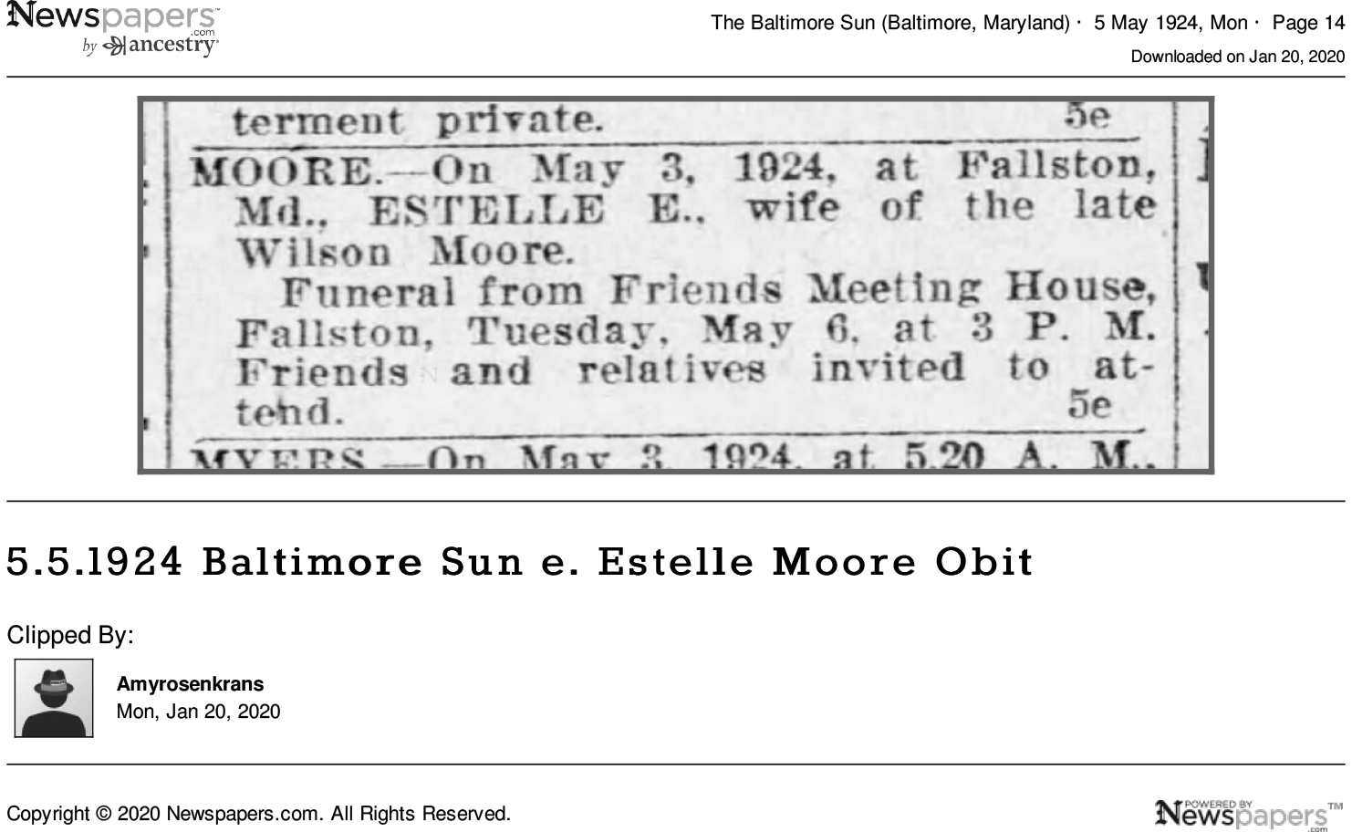 5.5.1924 Baltimore Sun e. Estelle Moore Obit - Newspapers.com