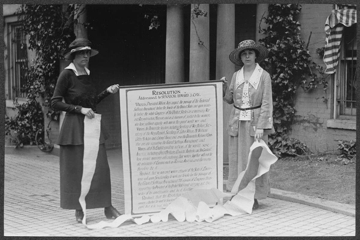 Mary Gertrude Fendall of Maryland (left) and Mary Dubrow of New Jersey (right) with their public proclamation banner