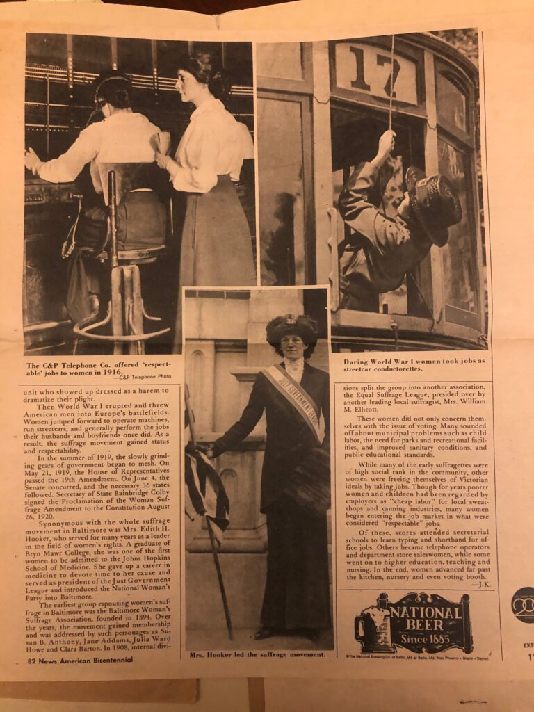 News clipping showing Mrs. Hooker, dressed in black with a sash that says 
