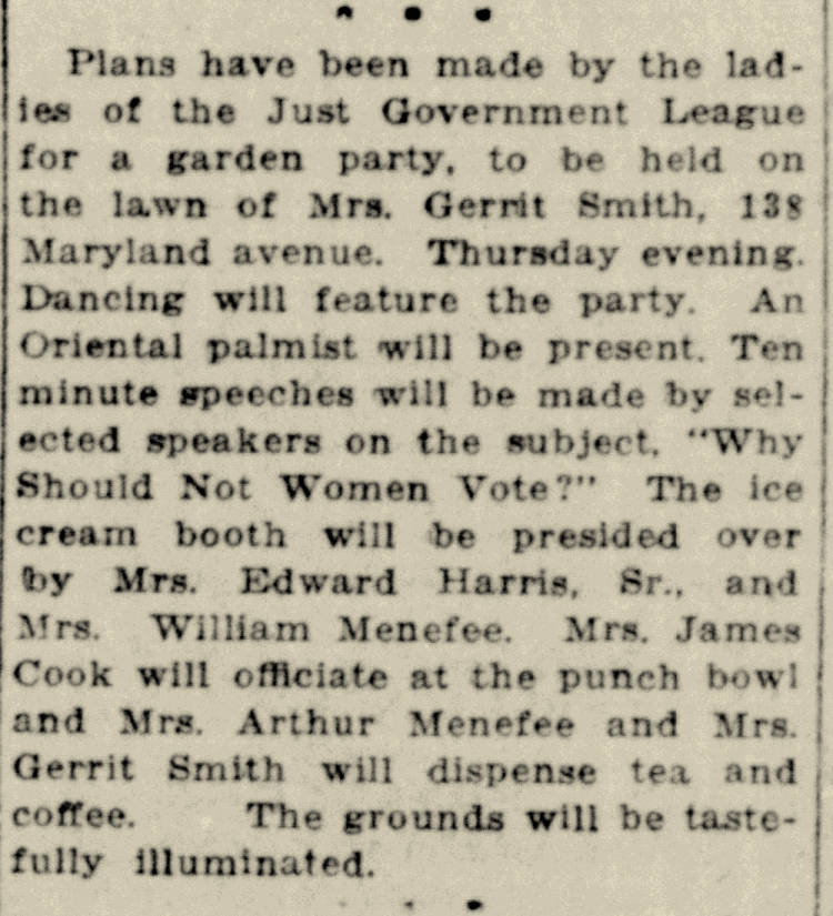A newspaper clipping that Describes a garden party to be held for the Cumberland Just Government League. Various hostess roles were to performed by Cumberland socialites