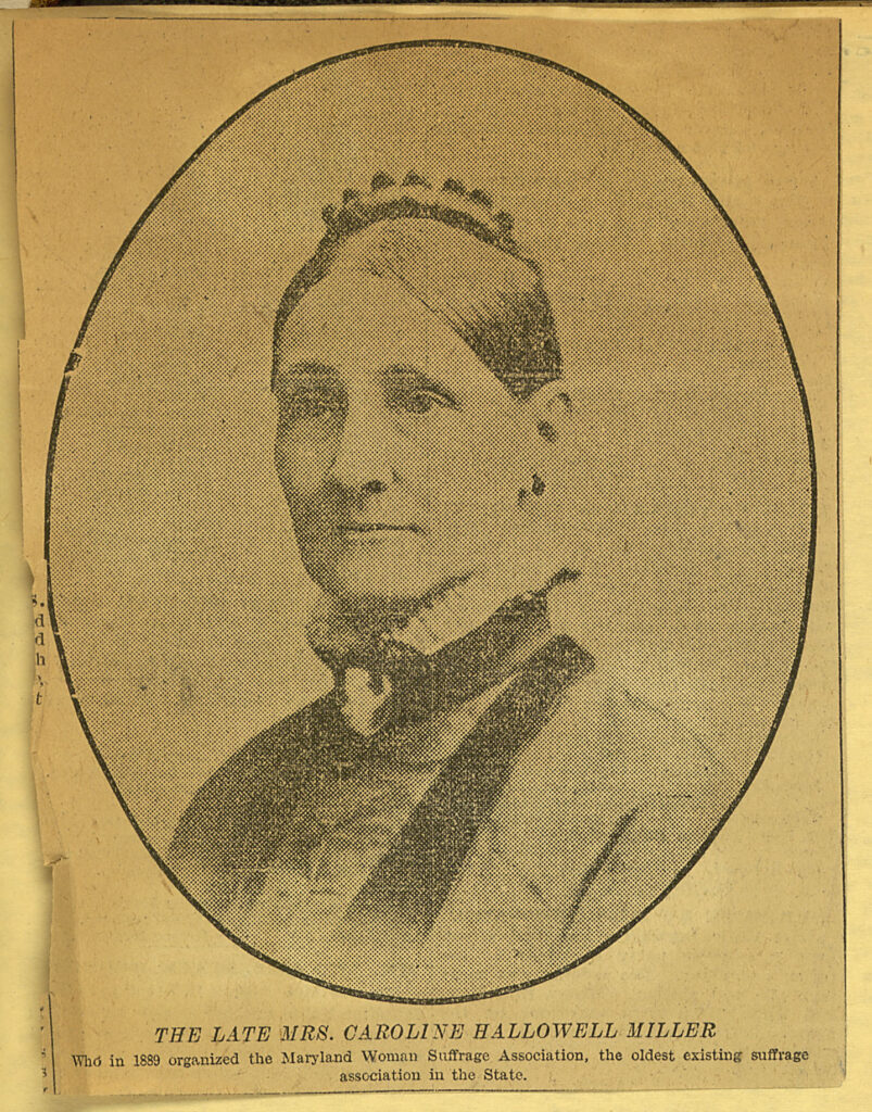 newsprint, sepia color portrait of Caroline Hollowell Miller. high necked collar, looking at camera