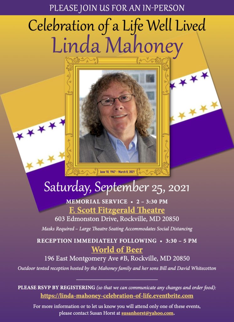 Photo of Linda Mahoney amid suffrage colors of gold, purple and white ; details in caption