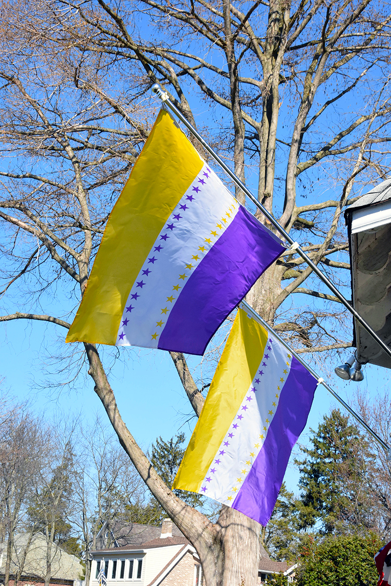 Suffrage flags fly from the gazebo