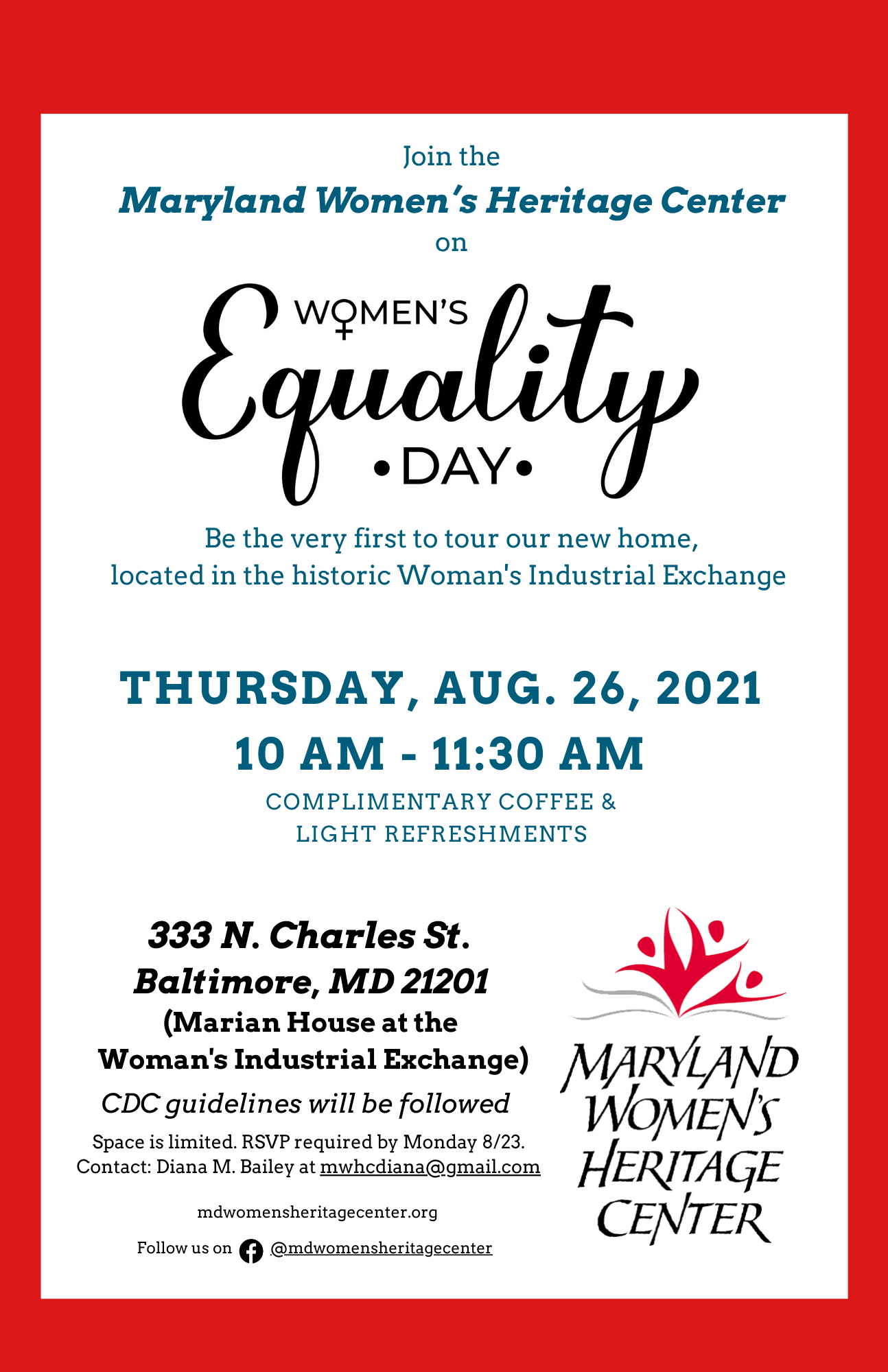 Flier advertising Women's Equality Day at Maryland Women's Heritage Center, Thursday August 24, 2021