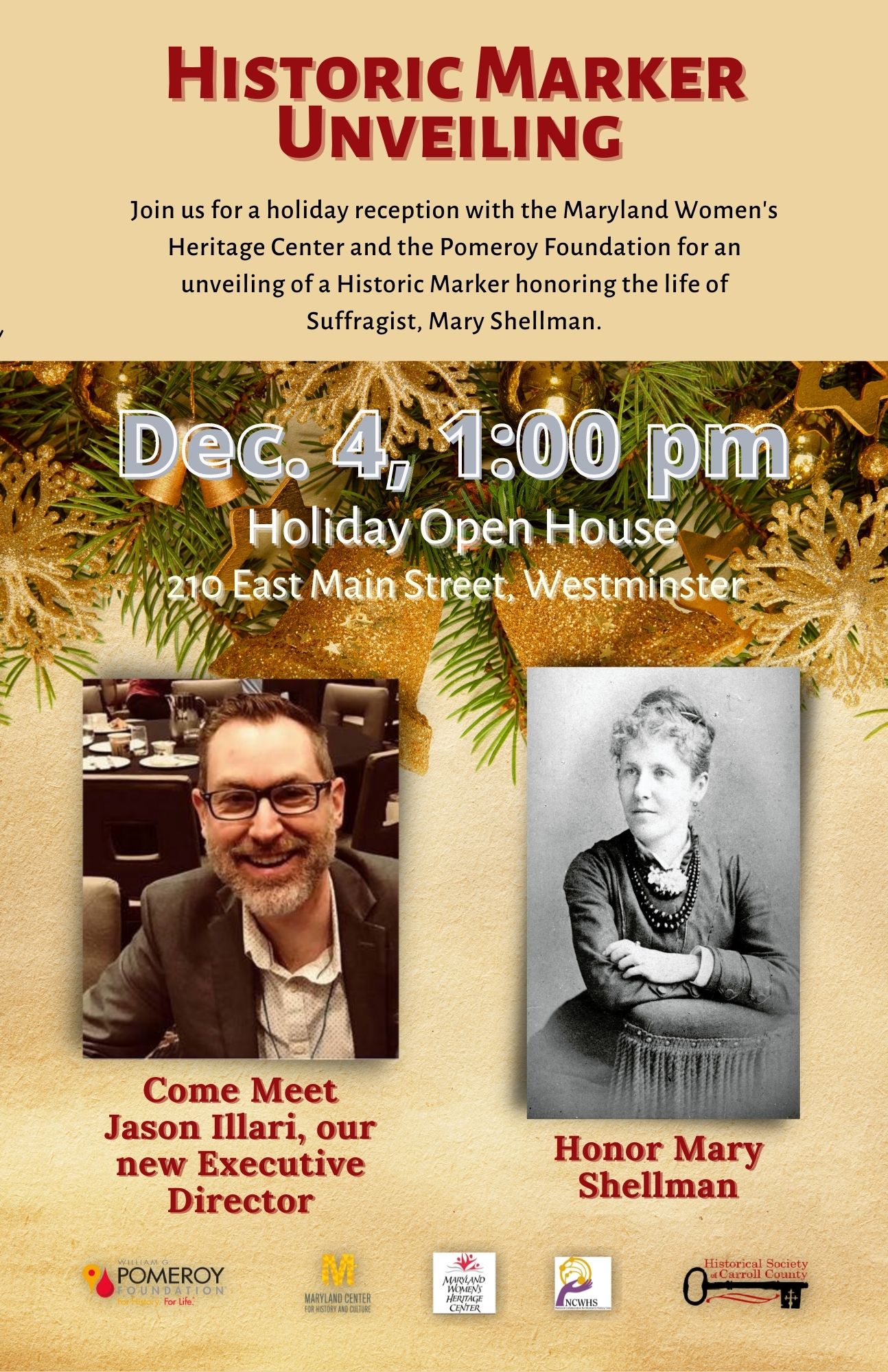 This flyer shows the details for the marker unveiling for Mary Shellman and includes a photo of the historical society's new director Jason Illari and a historical photo of Mary Shellman