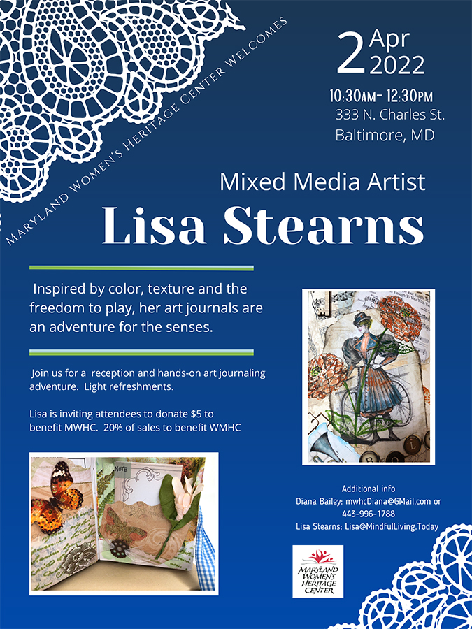 Ad for Lisa Stearns artist reception has navy blue background with images of lace. there are several small photos of her art journals