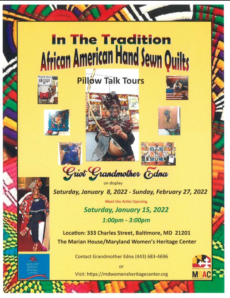flier with African colors that advertises quilt exhibition of Edna Williams.