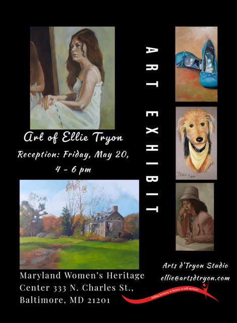 Flier advertising ellie Tyron art exhibit. includes pics of a woman looking in mirror, a dog landscape