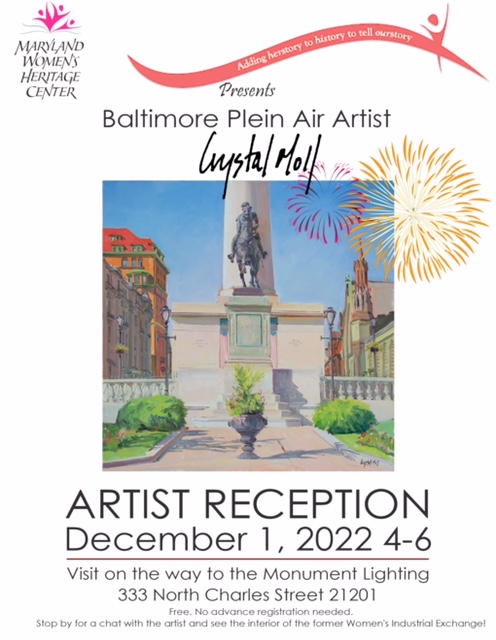 Painting of Baltimore's Washington Monument on the reception invitation for artist Crystal Moll