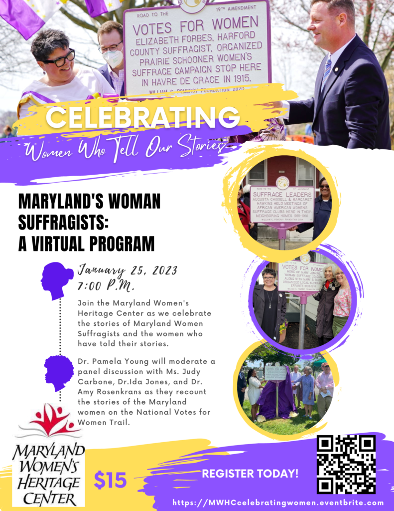 purple and yellow color theme flier showing photos of historical marker celebrations and detials of event.