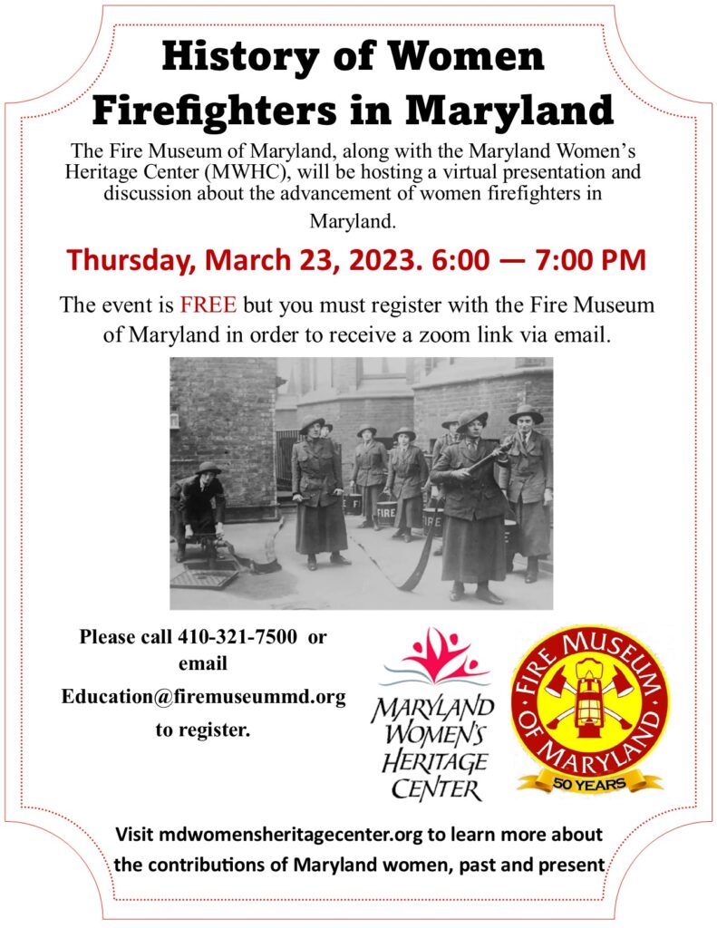 A poster with a historic photo of women firefighters and logos of Fire Museum and MWHC