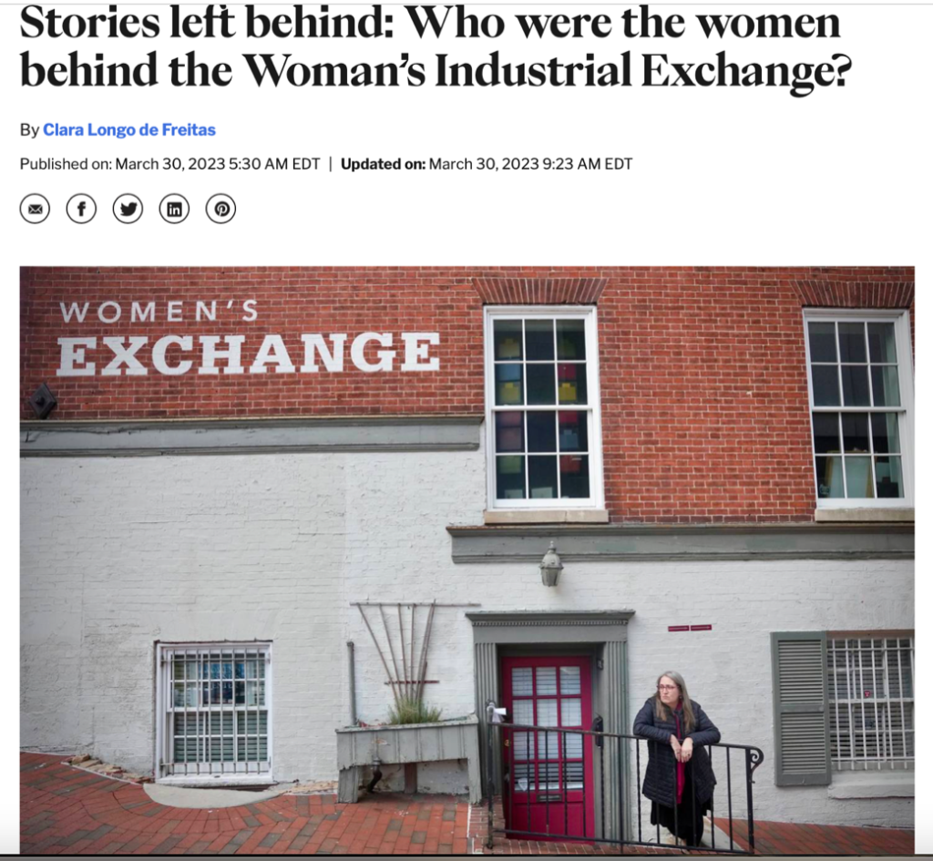 image of news clipping with headline Stories behind Women's industrial exchange, with photo of Ms. Bosserman.