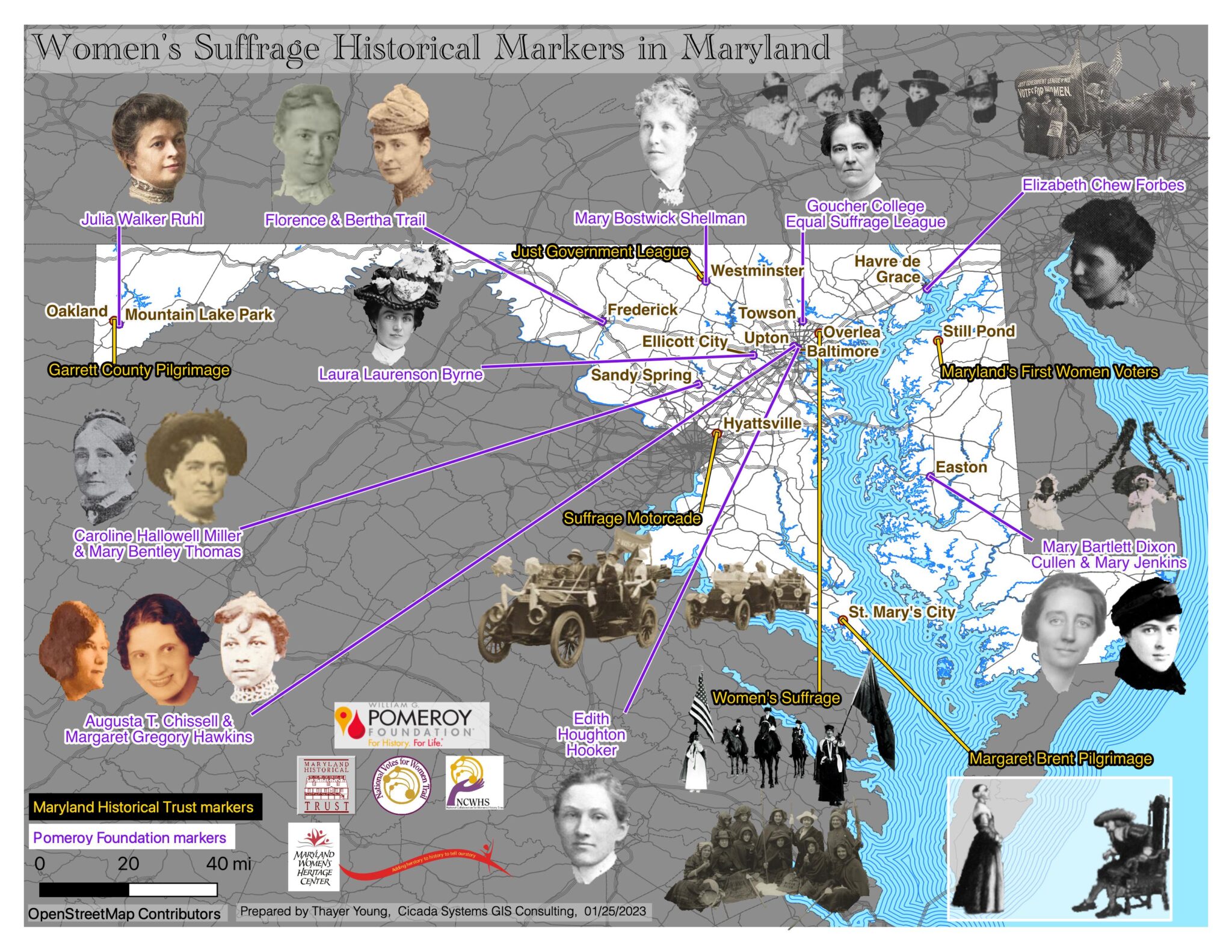 a map of maryland that includes images of suffragists and a line to the location in maryland that has her historical marker