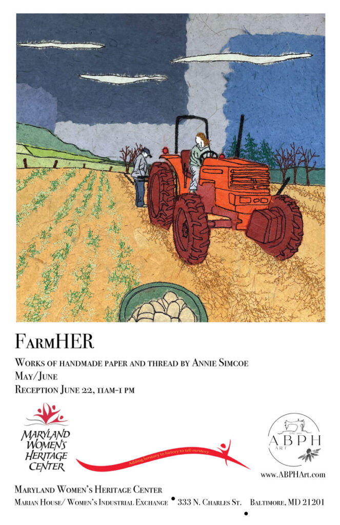 A image of a red tractor plowing a field. It is a handmade quilt art.