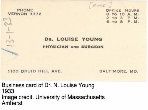 Dr. Young's business card business card. it is yellow and contains her address and phone numbers. There are a few random pen marks on the card.