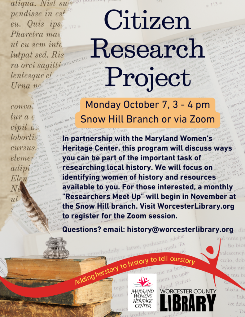 Flier with a background of historical document images. Flier advertises the Citizen Research program at Worcester County Library