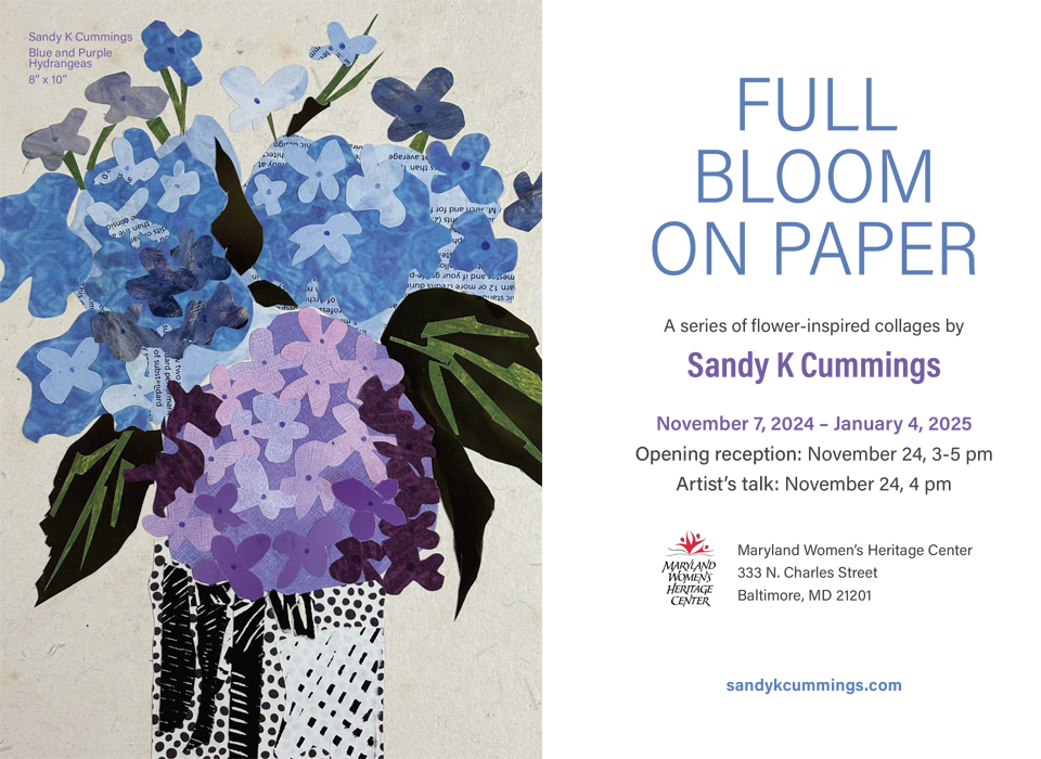 An image of hyacinths along with details of Sandy Cummings artist reception on November 24, 2024