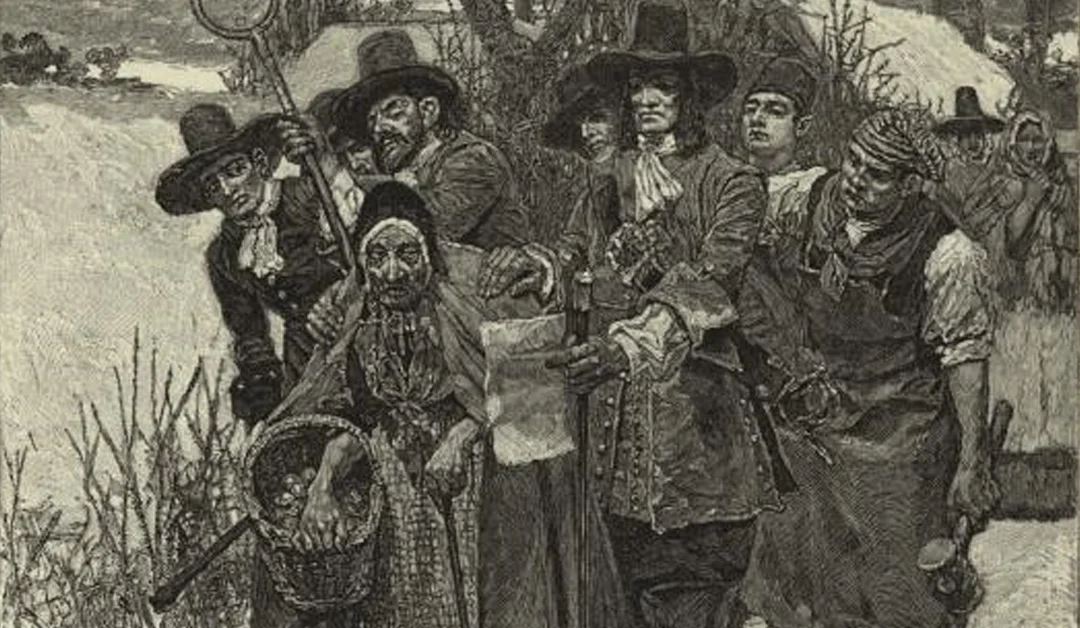 circa 18th century drawing of a group of men carrying off an elderly woman