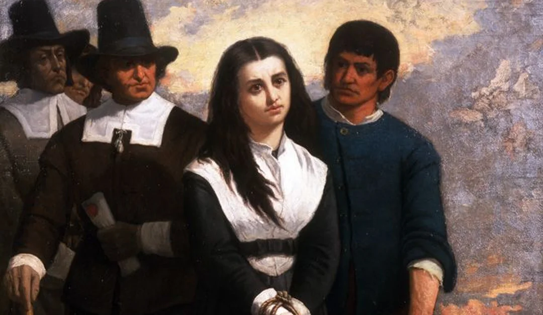 Painting of a young woman dressed in black with a white collar being led away by men in puritan dress