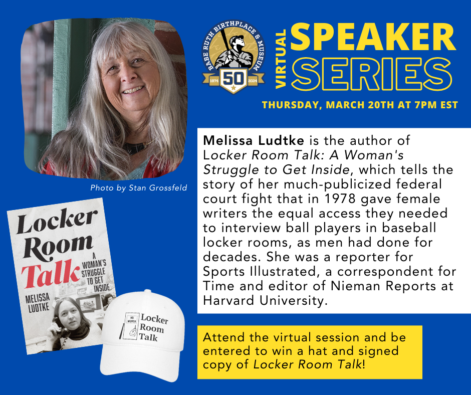 Melissa Ludtke headshot shows long grey hair and the cover of her Locker Room Talk book