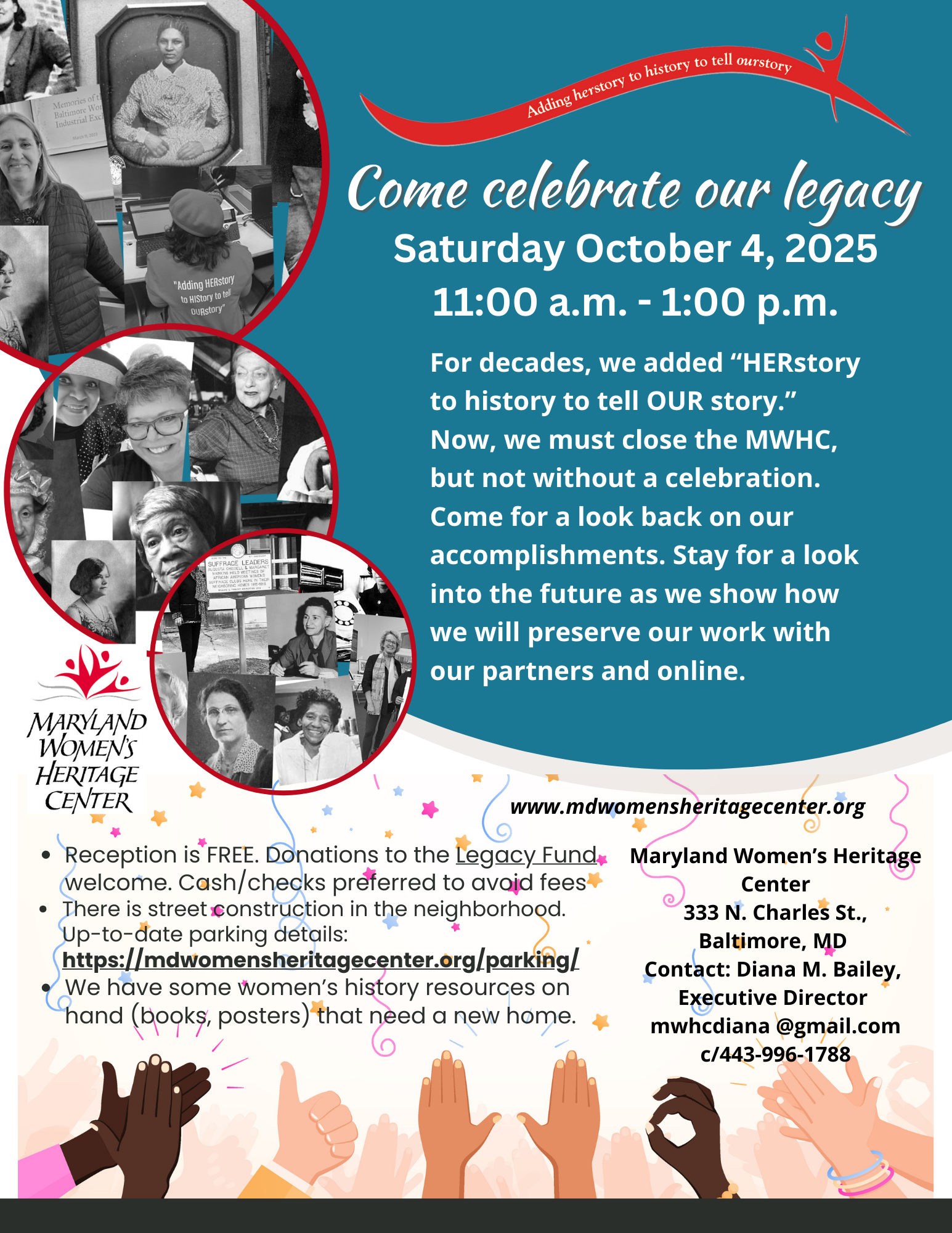 blue background with circles that contain images of historical women. Also graphic of a diverse set of hands throwing confetti