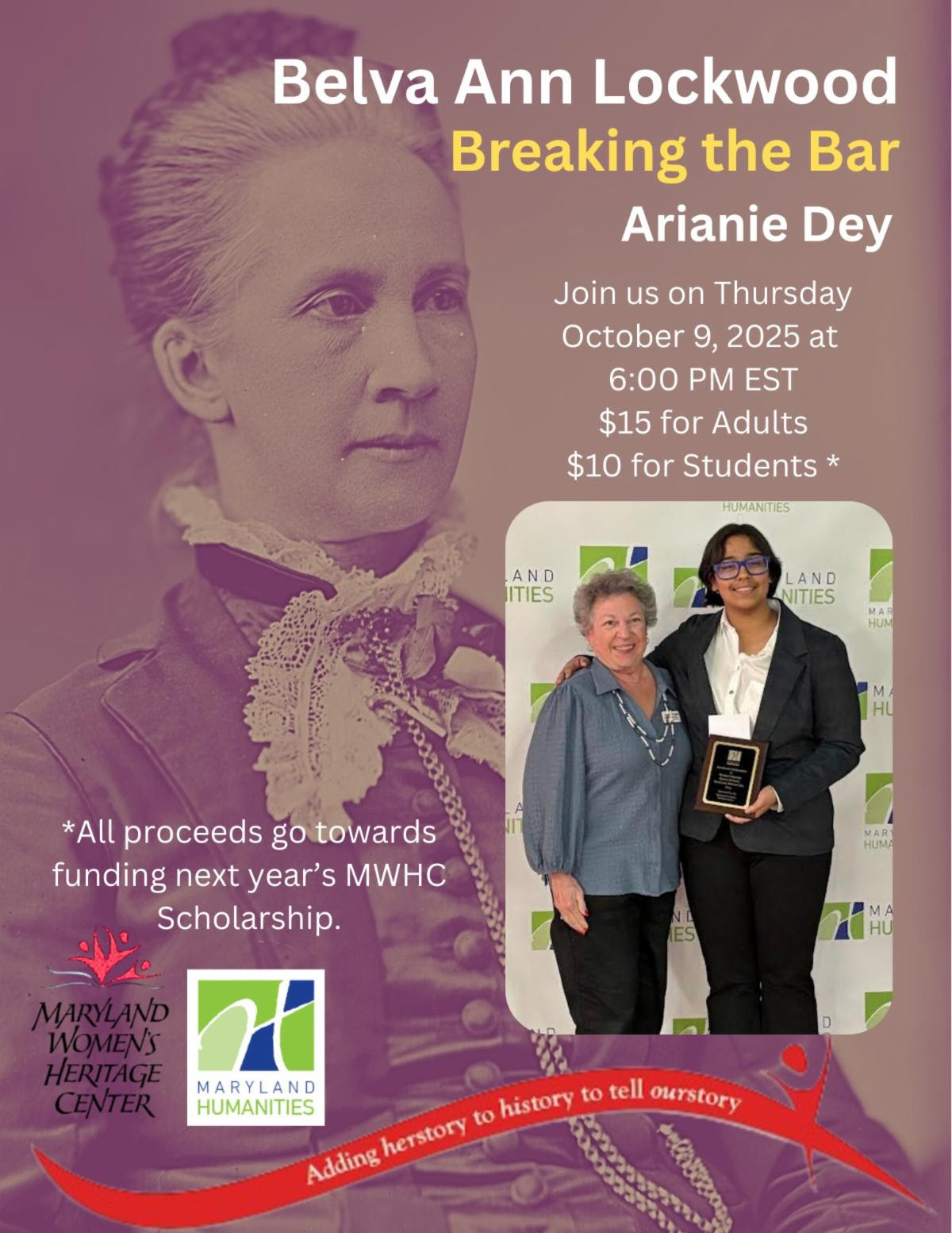 Image of Belva Lockwood in background. Image of Arianie Dey with Diana M. Bailey as Ms. Dey accepts award