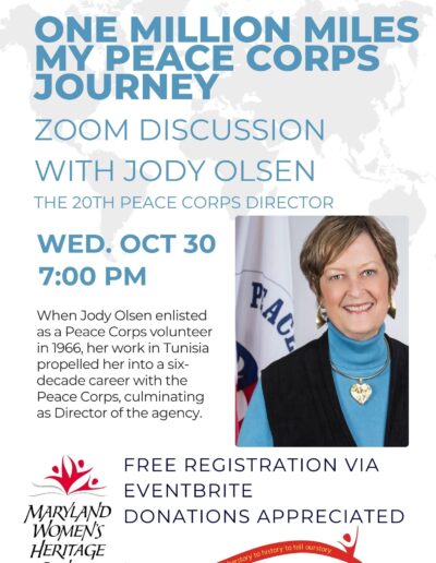 Judy Olsen Program flier. She is pictured with a headshot. She was former director of the Peace Corps. Program on October 30