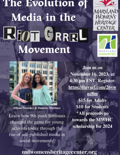 Program flier about 90s Punk Feminists, pictured are two high school students, the presenters. 11/16/23