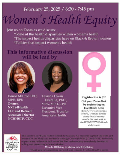 Purple Flier that advertises Women's Health Equity Month program Feb 2025. Headshots of presentersDonna McCree and Tekisha Dwan Everette