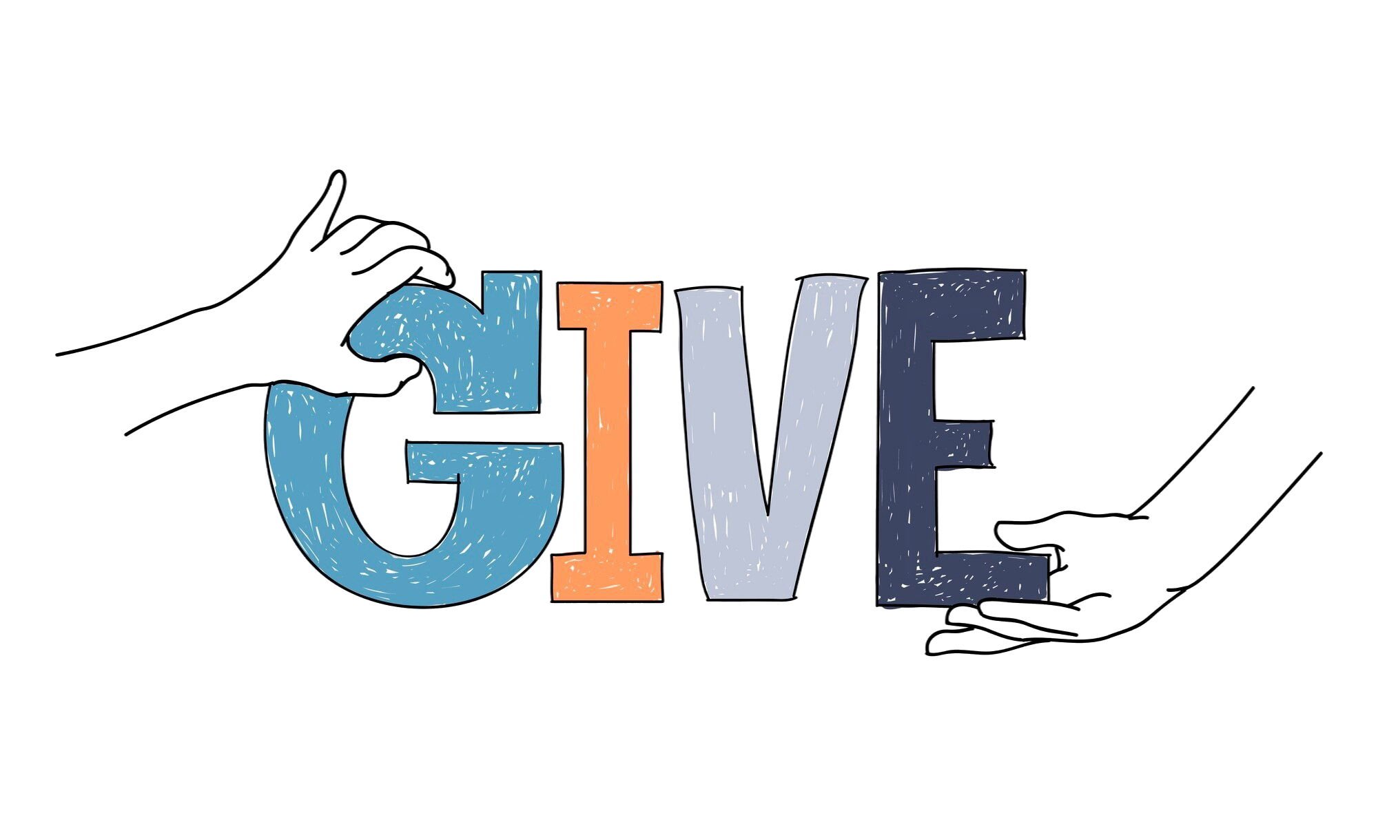 the word give in different color letters with two hands holding the word