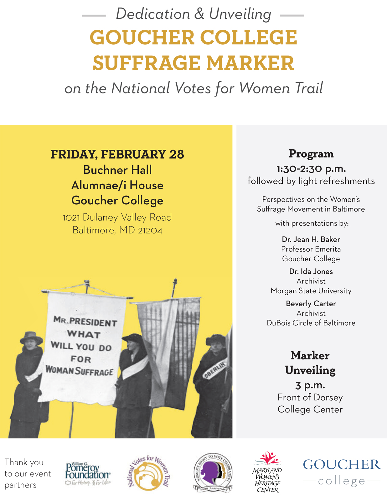 Yellow and white file that advertises the marker ceremony at Goucher College February 28, 2020. There is a black and white pic of three suffragists holding a picket sign