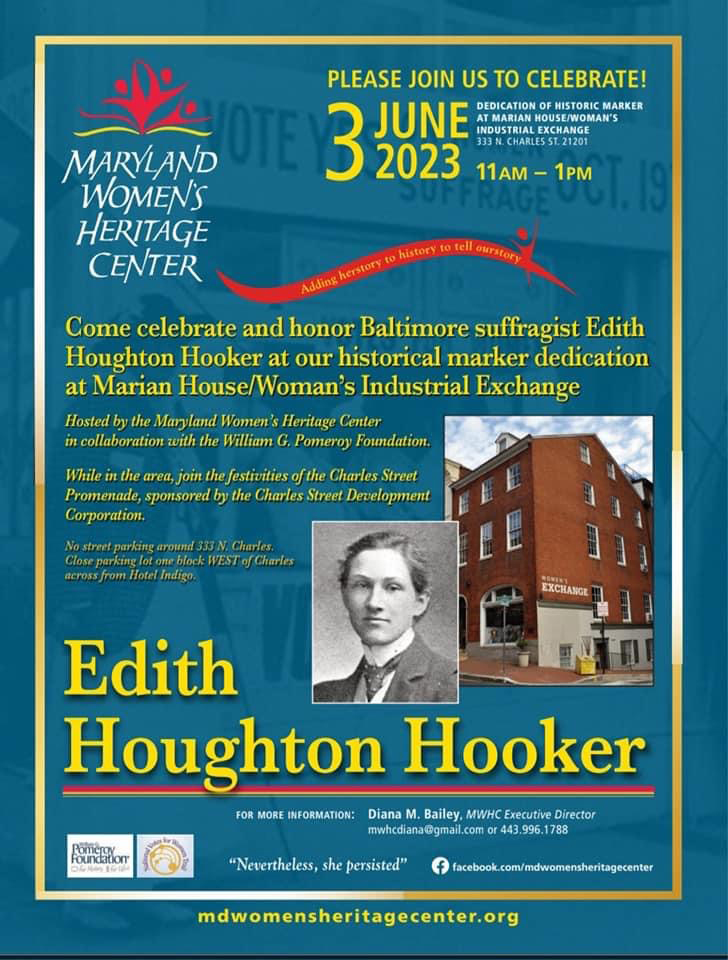 Flier advertising suffrage marke ceremony at MWHC June 6, 2023. there is a photo of young Edith Houghton Hooker and dads exterior shot of MWHC building