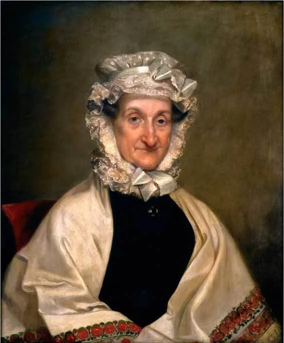 formal painting of Judith Solomon Cohen with white hat, tied under chin. White shawl