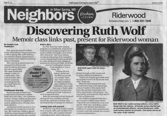 A newspaper clipping from Riderwood retirement Community about Ruth Wolf's memoir. Headline is Discovering Ruth Wolf